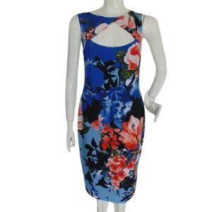 CACHE Dress, L, Blue, Red Floral, Twist neck, Sleeveless, Lined, Back Zip
